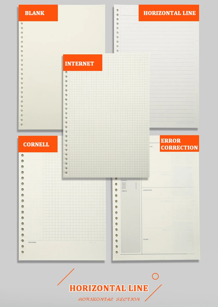 A4/B5/A5 Folhas Soltas Recarga Caderno Em Branco/Linha/Grade/Cornell Substituível Anel de Metal Material de Escritório e Escola Papelaria