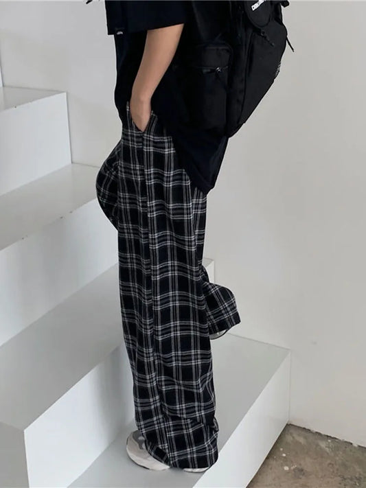 JMPRS Black Women Plaid Pants Casual Oversize Loose Wide Leg Trouser Retro Teens Harajuku Hip-hop All-match Streetwear S - 3XL