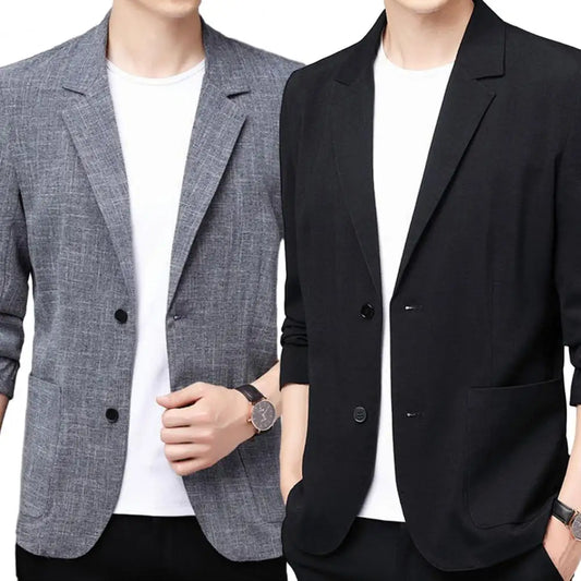 Men Suit Coat Double Buttons Cardigan Blazer Solid Color Patch Pocket Business Jacket Long Sleeve Lapel Notch Collar Formal Coat