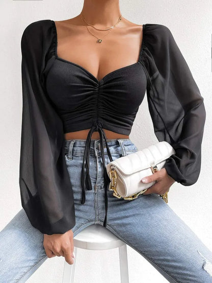 ALLUKASA Sexy Mesh Lantern Sleeves Drawstring Wrap Chest Bare Midriff T Shirt Women Long Sleeves Bottoming