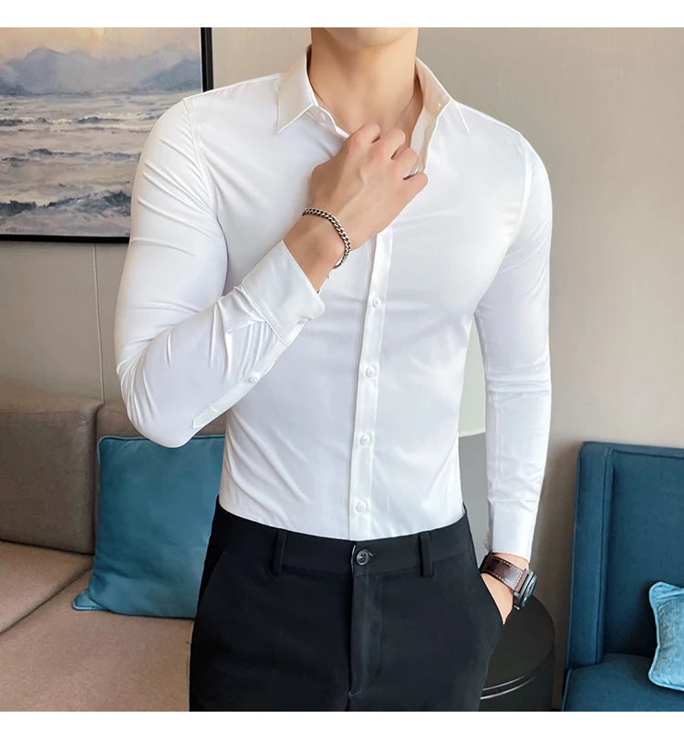 10Color High Quality Solid Dress Shirt Men Simple Long Sleeve Slim Fit Business Shirts Homme Social Casual Shirt Plus Size 5XL-M