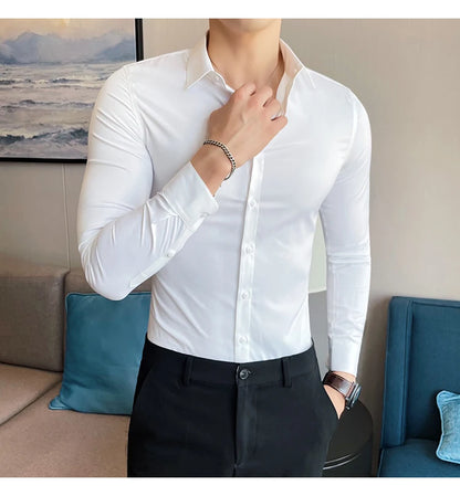 10Color High Quality Solid Dress Shirt Men Simple Long Sleeve Slim Fit Business Shirts Homme Social Casual Shirt Plus Size 5XL-M