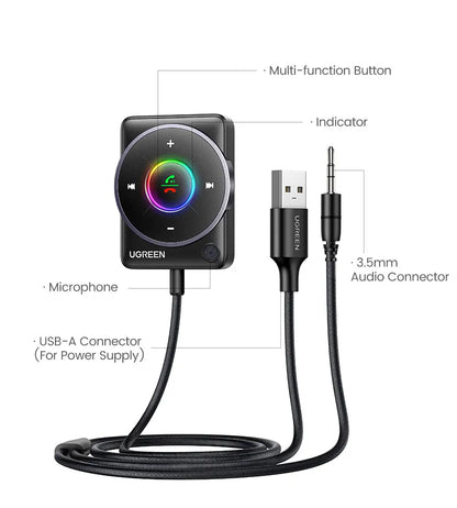 Bluetooth 5.4 Car Receiver Adapter with Mics and Noise Cancellation, USB AUX Bluetooth Receiver Car Kit Stereo Audio