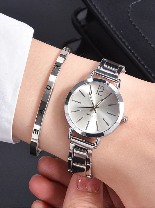 2pcs Women's Fashion Simple Silver Steel Band Quartz Watch+LOVE Bracelet Set