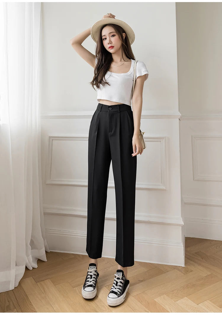 Casual Women Suit Pants 2023 Summer Fashion High Waist Black Harem Pants Female Korean Style Pocket Thin Nine Point Trousers