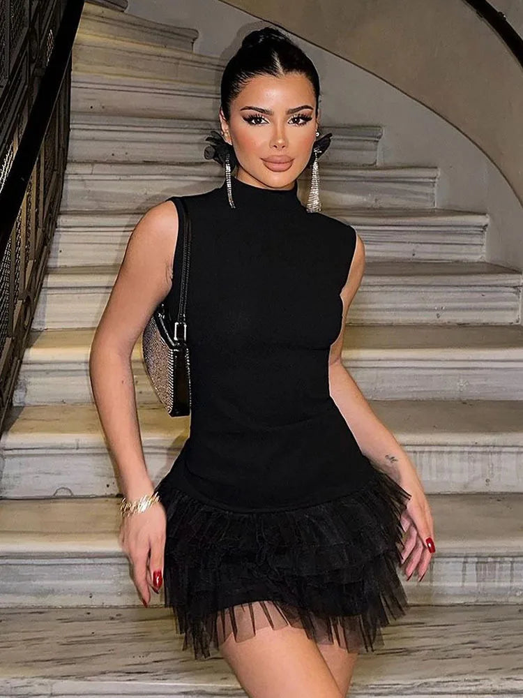 Black Sleeveless Mesh Patchwork Mini Evening Prom Dresses Women's Summer Sexy Bodycon Slim Dress 2024 Party Streetwear