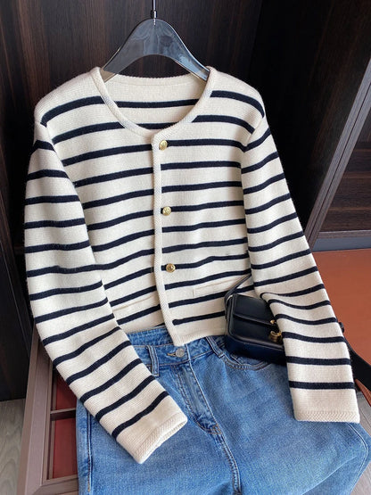 Women Spring Autumn Sweaters O-neck Stripe Knitted Cardigan Fashion Long Sleeve Casual Short Tops Korean Style New 2024