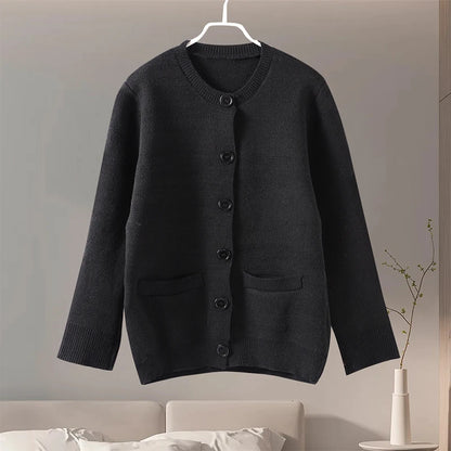 Casual Knit Single Breasted Cardigan Women Long Flare Sleeve Slim Round Neck Solid Pocket Jacket Top 2024 Autumn Lady Knitwear ﻿