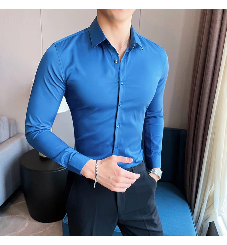 10Color High Quality Solid Dress Shirt Men Simple Long Sleeve Slim Fit Business Shirts Homme Social Casual Shirt Plus Size 5XL-M