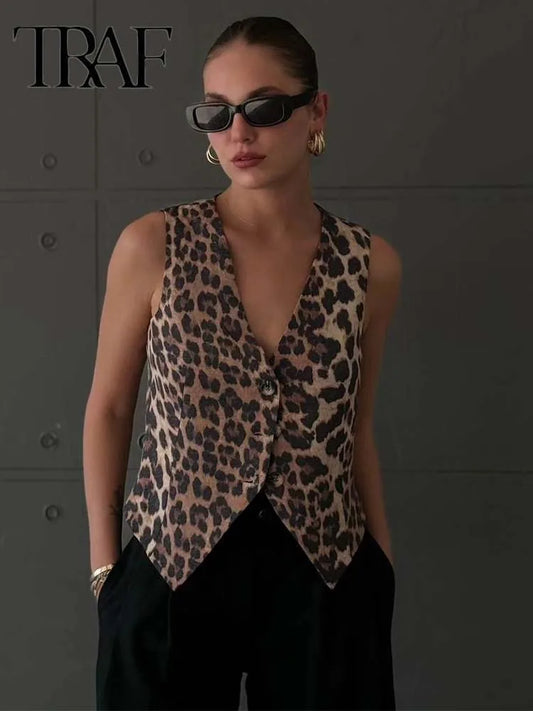 TRAF Women's Vest 2024 Fashion Leopard Summer V-Neck Single-breasted Vest Top Ladies Casual Cropped Sleeveless Coat New In Vests