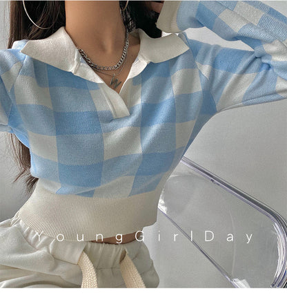 Autumn Winter Vintage Knitwear Crop Tops Women Pullover Sweaters Fashion Female Long Sleeve Elastic Casual Plaid Knitted Shirts