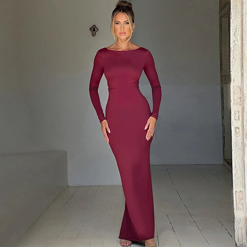 Hugcitar Spring Elegant Long Sleeve Backless Solid Cuched Sexy Bodycon Maxi Prom Dress Women Outfit Evening Party Festival Y2K