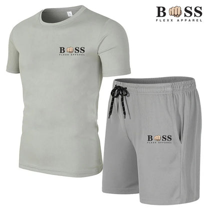 Men's short sleeved sports set, breathable T-shirt, jogging set, quick drying, summer fashion, print, lens