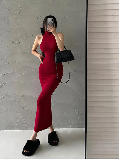 Red Skinny Sexy Turtleneck Midi Dress Women Evening Party Ladies Elastic Hip Wrap Elegant Bodycon Dresses Y2k Clothing