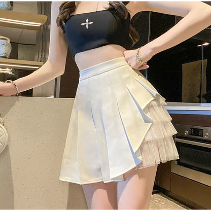 Elegant White Ruffled High Waist Mini Skirt For Women Fashion Casual Pleated Fluffy A-line Skirts Summer Lady Party Casual Skirt