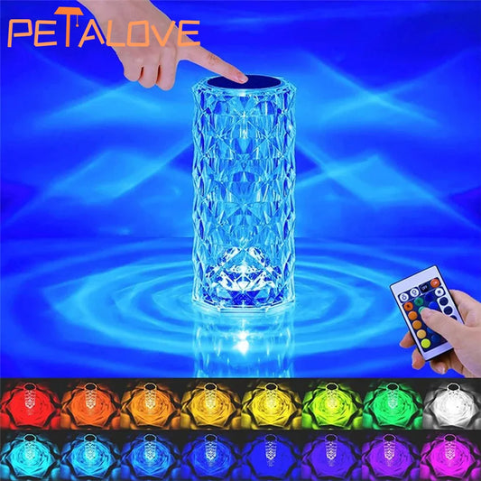 16 Colors LED Crystal Table Lamp Rose Light Projector Home Bar Decoration Touch Recharging Romantic Diamond Atmosphere Light