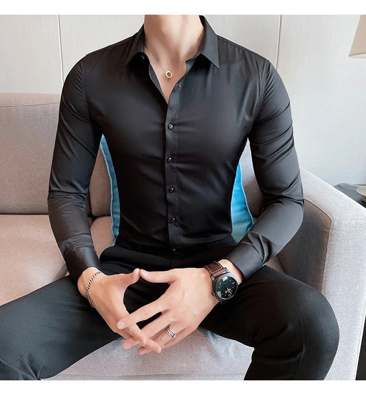 10Color High Quality Solid Dress Shirt Men Simple Long Sleeve Slim Fit Business Shirts Homme Social Casual Shirt Plus Size 5XL-M