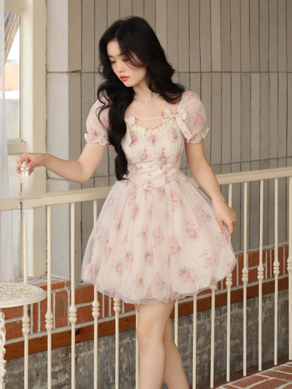 Jielur Lolita Pink Y2k Mini Dress Woman Beach Short Sleeve Floral Dress New Korean Fashion Casual Sweet Short Party Dress Summer