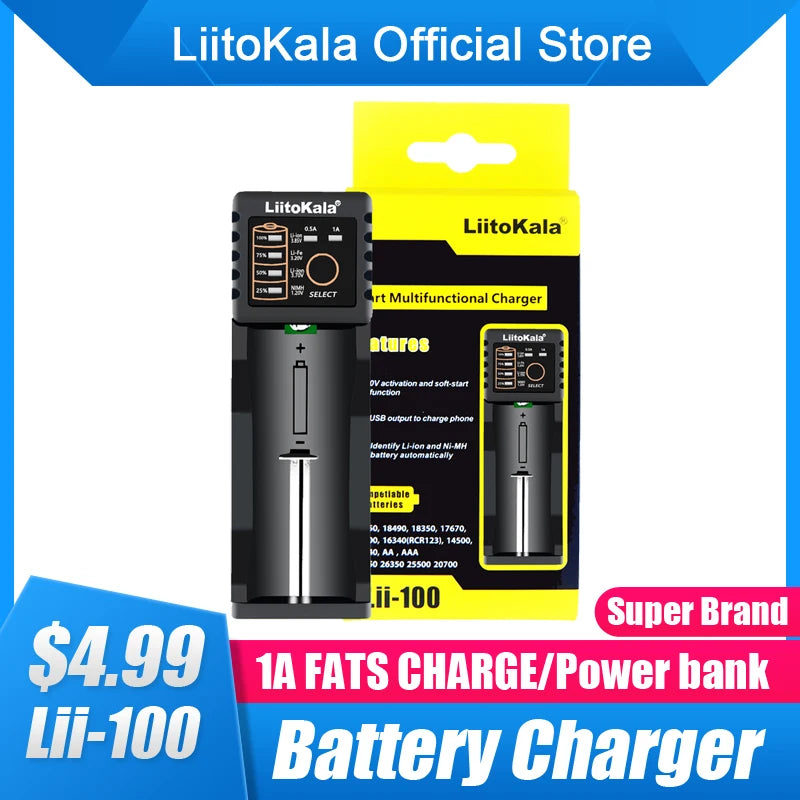 LiitoKala Lii-100C Lii-100 Battery Charger For 18650 18350 26650 16340 RCR123 14500 3.7V 1.2V Ni-MH Ni-Cd 2A USB Smart Charger