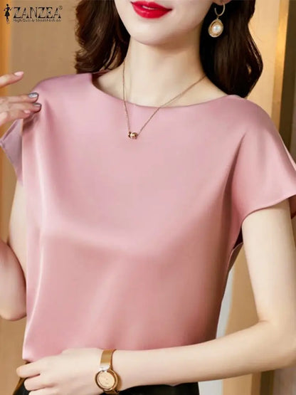 2024 ZANZEA Summer Fashion Blouse Elegant Short Sleeve Satin Shirt Women Stylish OL Work Shirt Female Party Blusas Tunic Chemise