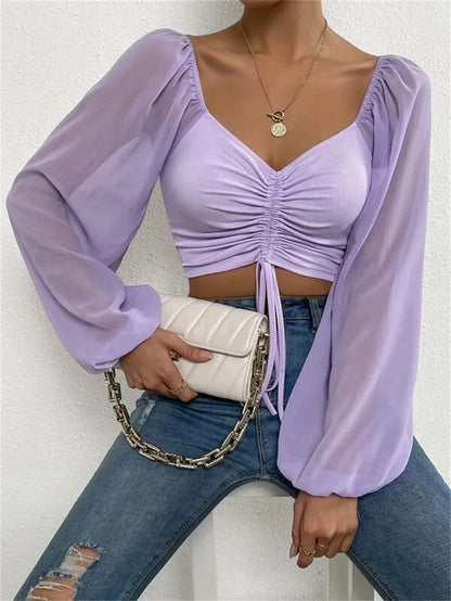 ALLUKASA Sexy Mesh Lantern Sleeves Drawstring Wrap Chest Bare Midriff T Shirt Women Long Sleeves Bottoming