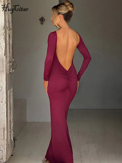 Hugcitar Spring Elegant Long Sleeve Backless Solid Cuched Sexy Bodycon Maxi Prom Dress Women Outfit Evening Party Festival Y2K