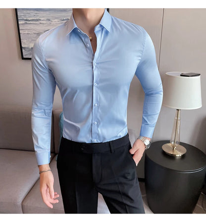 10Color High Quality Solid Dress Shirt Men Simple Long Sleeve Slim Fit Business Shirts Homme Social Casual Shirt Plus Size 5XL-M