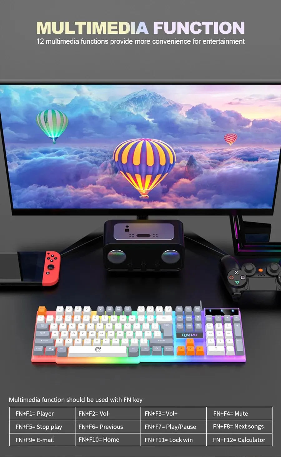 RAIKU T26 Wired 104 Keys Membrane Keyboard And Mouse Suit Kinds of Colorful Lighting Gaming and Office For Windows and IOS