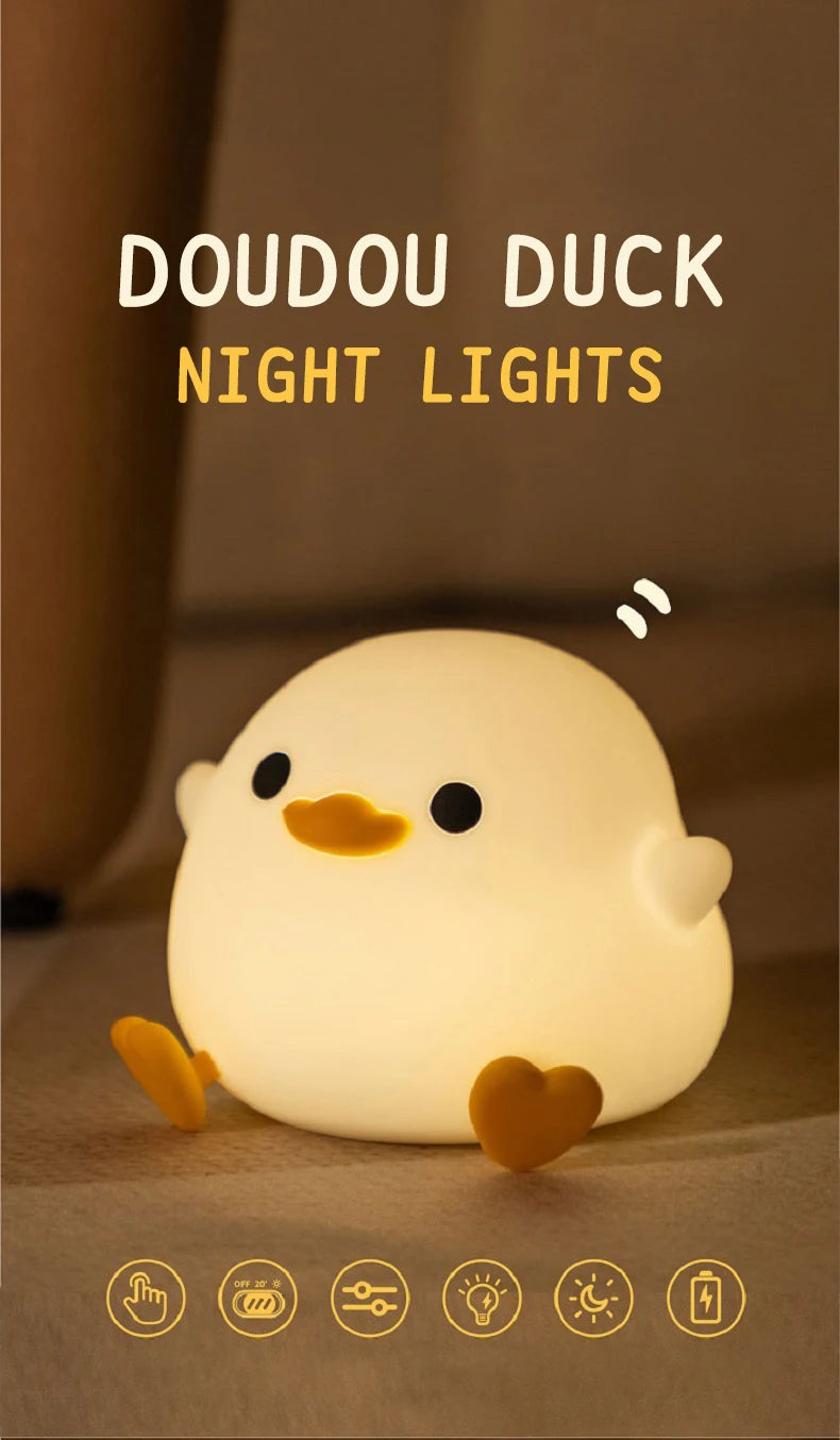 1pc Doudou Duck night light  Children's gift soft light eye care USB charging timing automatic clap silicone lamp