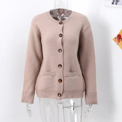 Casual Knit Single Breasted Cardigan Women Long Flare Sleeve Slim Round Neck Solid Pocket Jacket Top 2024 Autumn Lady Knitwear ﻿