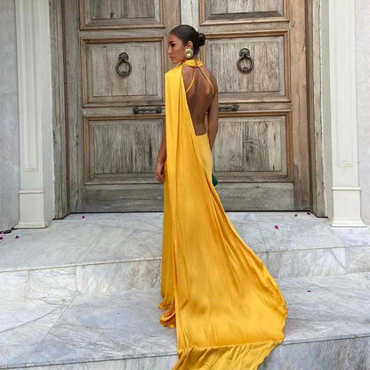 Party Satin Ribbon Halter Evening Dress Women Sexy Backless Off Shoulder Sleeveless Solid Long Female Dresses 2024 Lady Robes