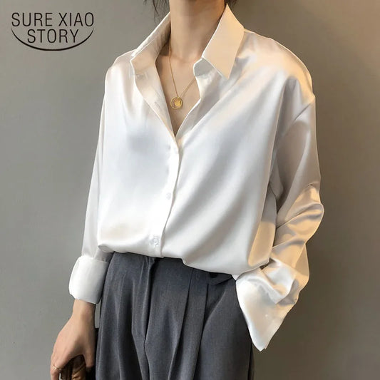 Autumn Fashion Button Up Satin Shirt Vintage Blouse Women White Lady Long Sleeves Female Loose Street Shirts 11355