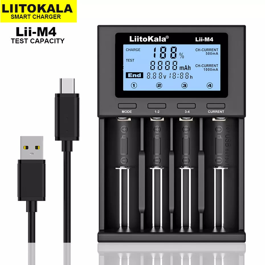 LiitoKala Lii-M4 18650 Charger LCD Display Universal Smart Charger Test Capacity 26650 18650 21700 AA AAA Battery 4slot 5V 2A