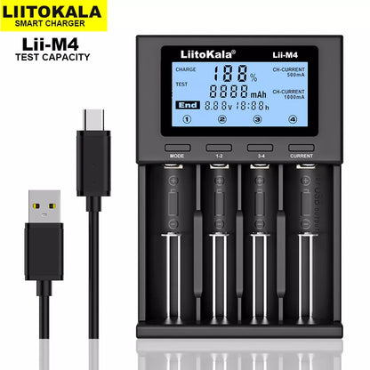 LiitoKala Lii-M4 18650 Charger LCD Display Universal Smart Charger Test Capacity 26650 18650 21700 AA AAA Battery 4slot 5V 2A