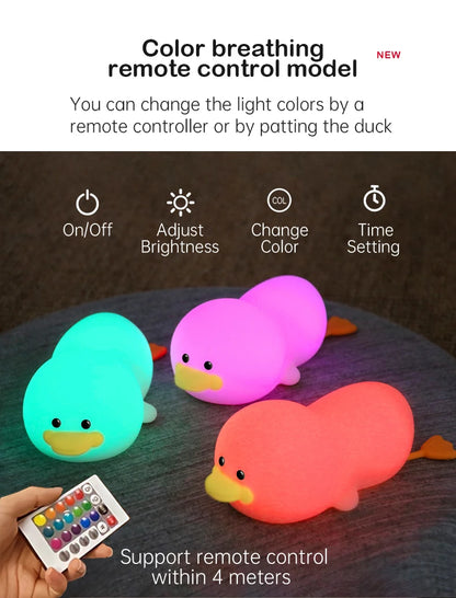 1pc Doudou Duck night light  Children's gift soft light eye care USB charging timing automatic clap silicone lamp