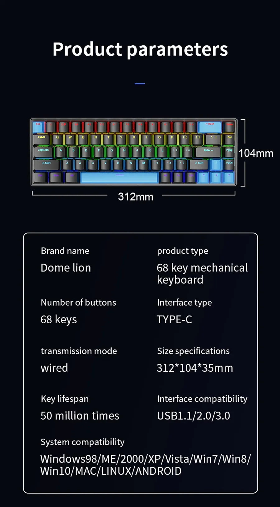 SKYLION K68 Wired Mechanical Keyboard 10Kinds of Colorful Lighting Gaming and Office For Microsoft Windows and Apple IOS System