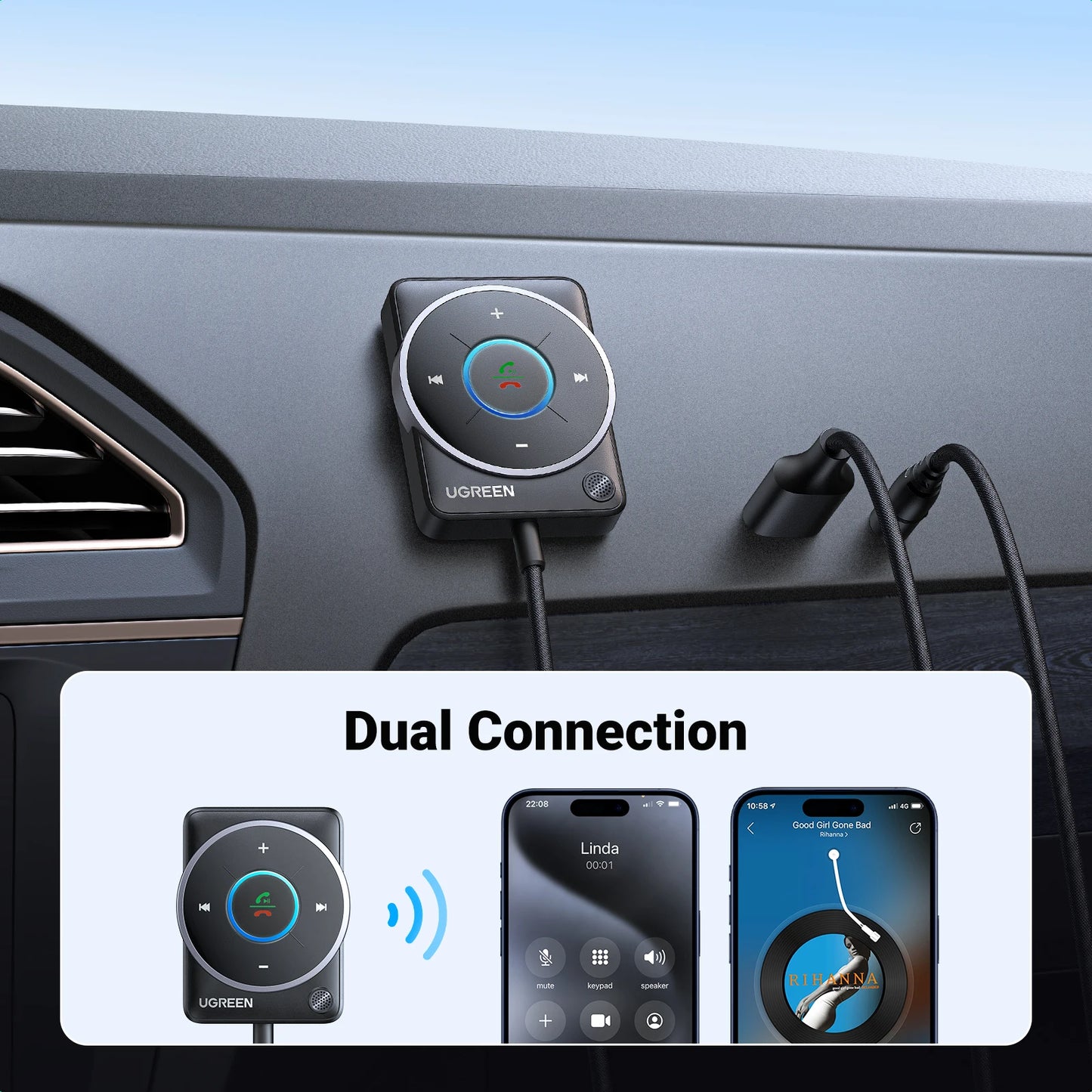 Bluetooth 5.4 Car Receiver Adapter with Mics and Noise Cancellation, USB AUX Bluetooth Receiver Car Kit Stereo Audio