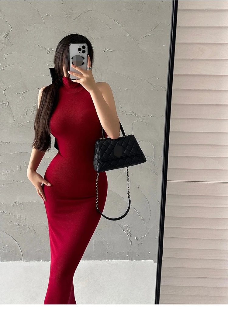 Red Skinny Sexy Turtleneck Midi Dress Women Evening Party Ladies Elastic Hip Wrap Elegant Bodycon Dresses Y2k Clothing