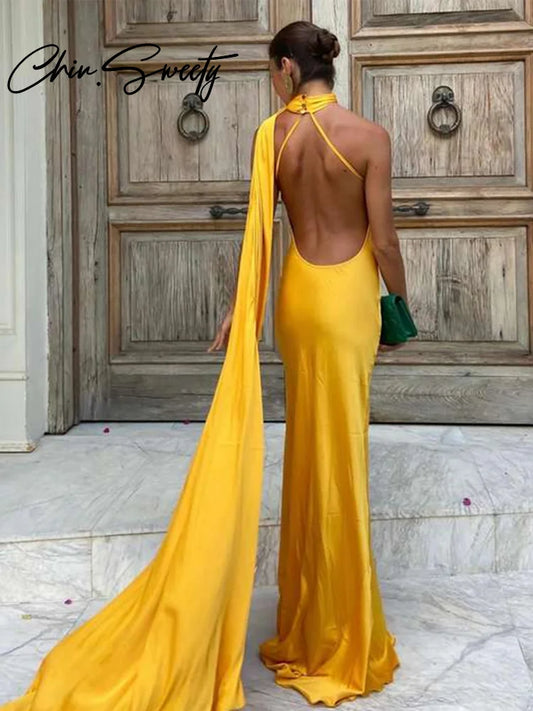 Party Satin Ribbon Halter Evening Dress Women Sexy Backless Off Shoulder Sleeveless Solid Long Female Dresses 2024 Lady Robes