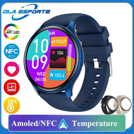 New NFC AMOLED Smartwatch Men Women Thermometer BT Wireless Call Voice Assistant GPS Sports Fitness Smartwatch For Android IOS