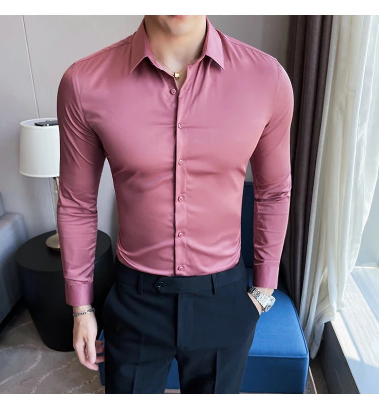 10Color High Quality Solid Dress Shirt Men Simple Long Sleeve Slim Fit Business Shirts Homme Social Casual Shirt Plus Size 5XL-M