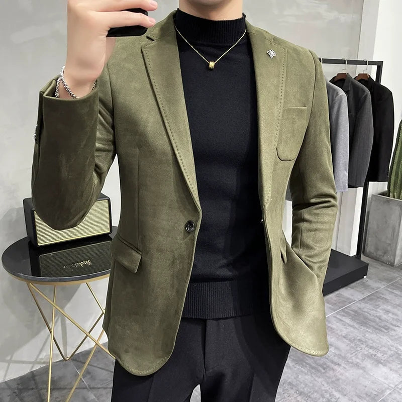 Men's Deerskin Fleece Jacket Suit Coat Blazer Men's Business Leisure Slim Fit Brand Fashion High Quality Single Button Suit Coat