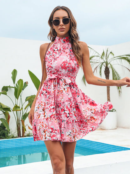 Summer Chiffon Dress Women Sexy Floral Print Ruffle Bandage Holiday Beach Sundress Casual Pink Halter A-line Short Dresses 2024