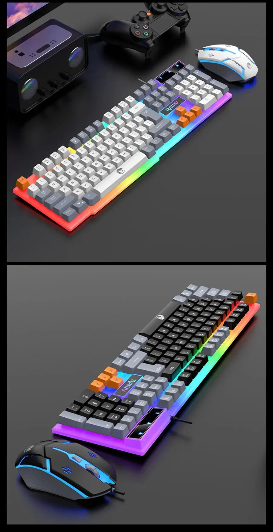 RAIKU T26 Wired 104 Keys Membrane Keyboard And Mouse Suit Kinds of Colorful Lighting Gaming and Office For Windows and IOS