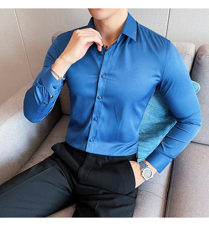 10Color High Quality Solid Dress Shirt Men Simple Long Sleeve Slim Fit Business Shirts Homme Social Casual Shirt Plus Size 5XL-M