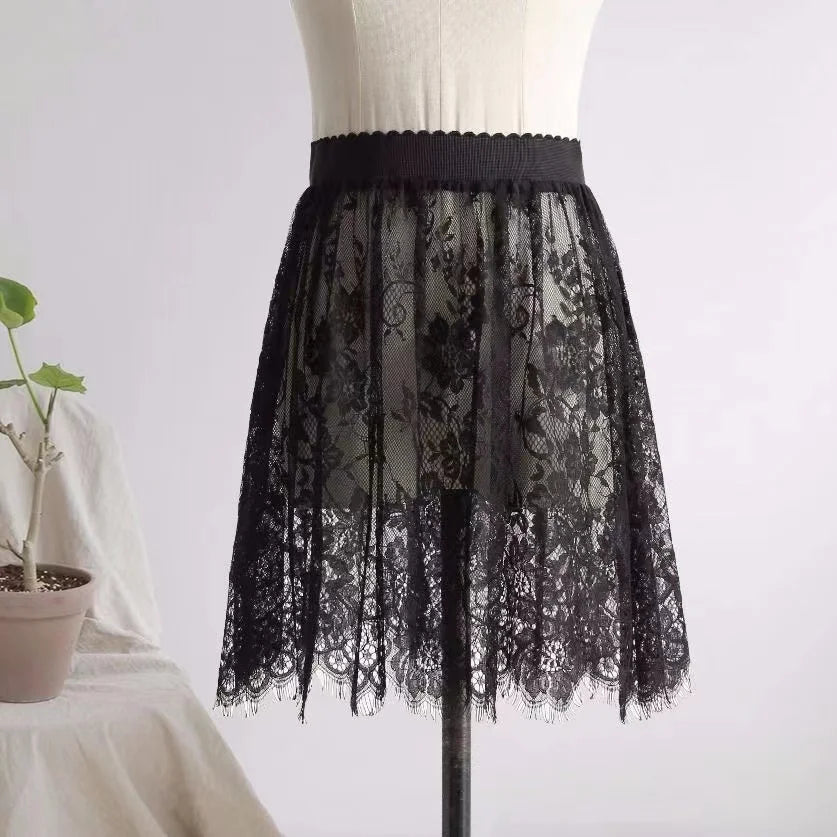 2 Length Elegant Black Skirt White Lace Transparent Long Tulle Skirt Ladies Elastic High Waist Beach Midi Skirt Drop shipping