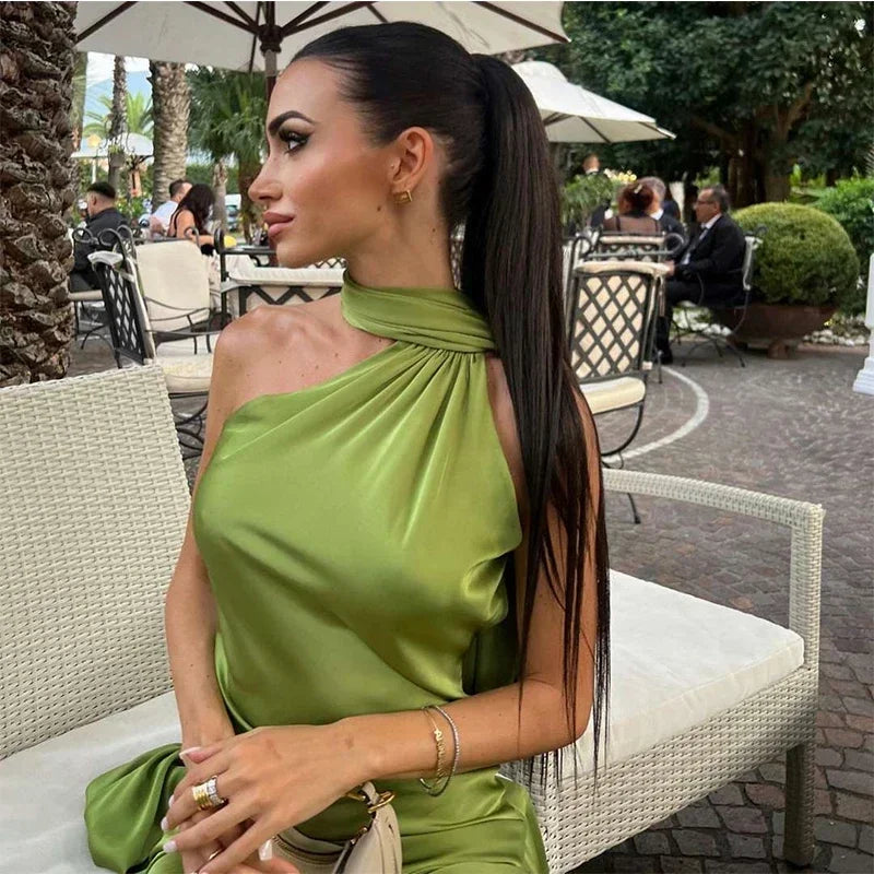 Party Satin Ribbon Halter Evening Dress Women Sexy Backless Off Shoulder Sleeveless Solid Long Female Dresses 2024 Lady Robes