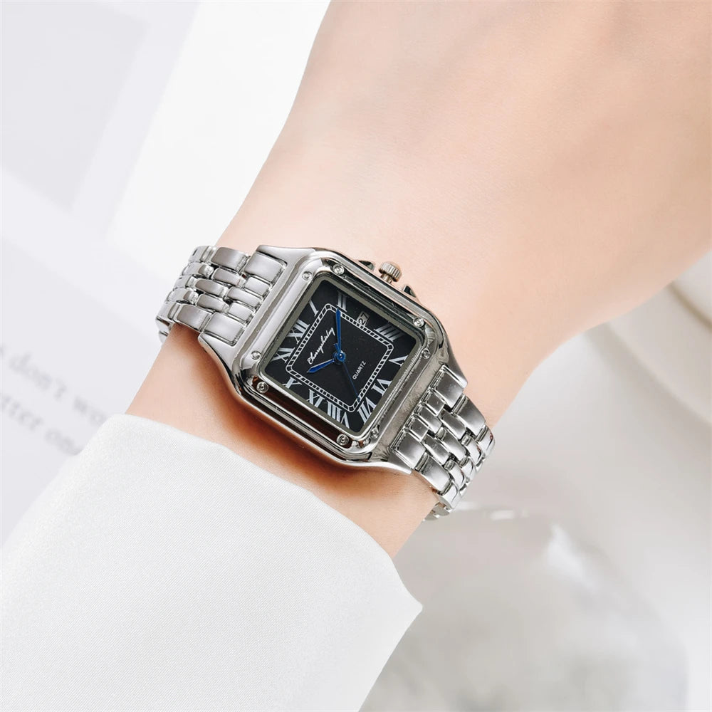 Luxury Branded Women Watches 2023 Simple Square Roman Calendar Women Quartz Watch Fashion Stainless Steel Strap Ladies Clock