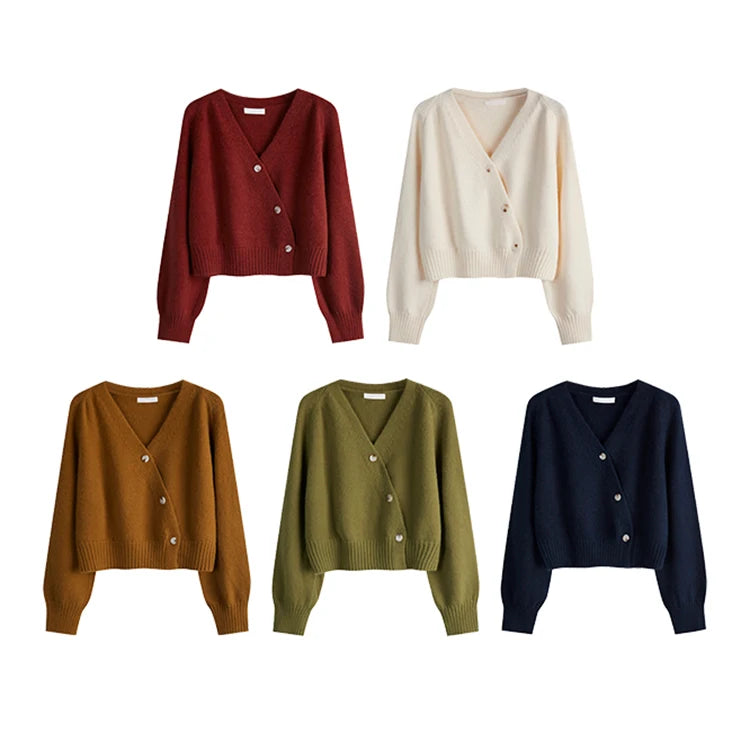 Autumn Winter Skew Button Cardigan V-neck Sweater Women Knitted Long Sleeve Tops Korean Loose Solid Cashmere Sweater for Woman