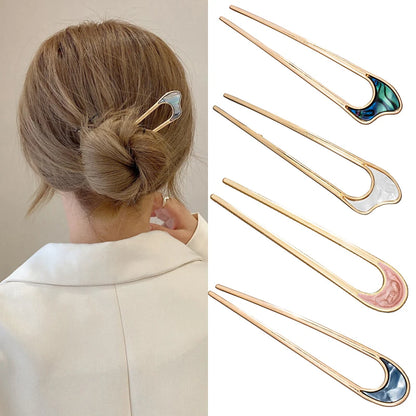 Fashion Luxury Silver Gold Color Elegant Shell Enamel Hairpin for Women Metal U Shape Hair Stick Hairwear Accessories Jewelry